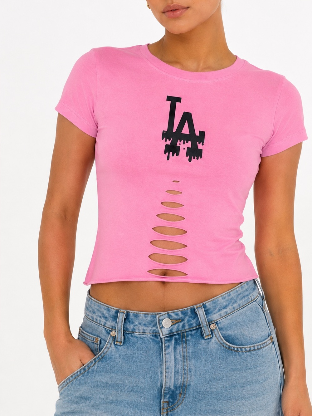 Pink LA Dodgers Drip Womens baseball Croptop shirt, Spring Season, Gameday